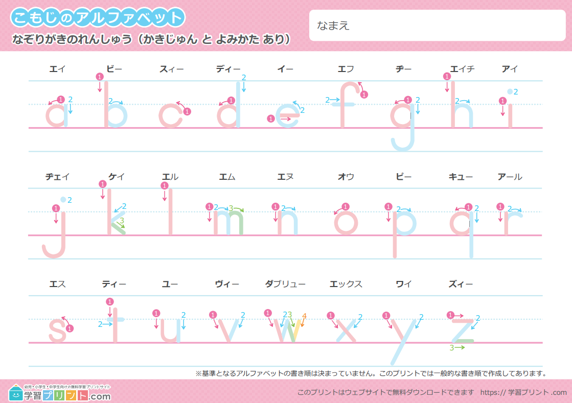 なぞり書きできるアルファベット表
