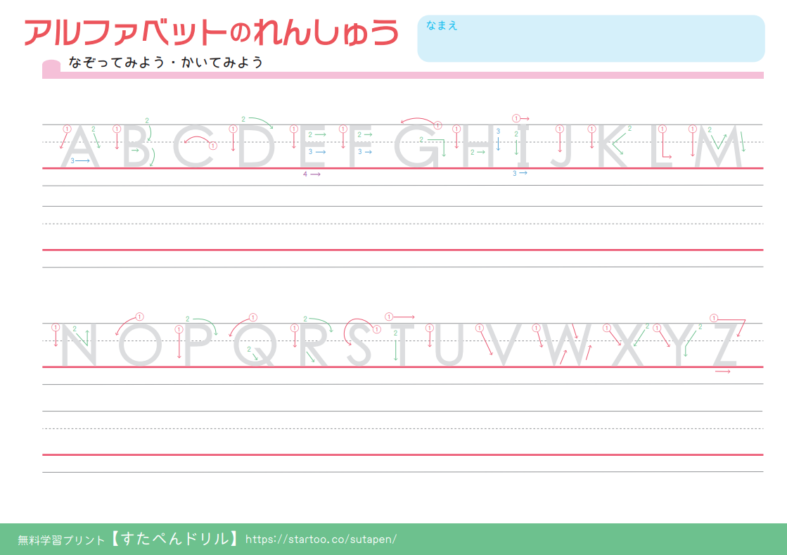 なぞり書きできるアルファベット表