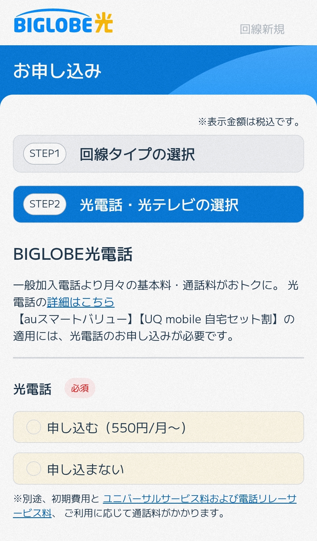 ビッグローブ光回線選択画面