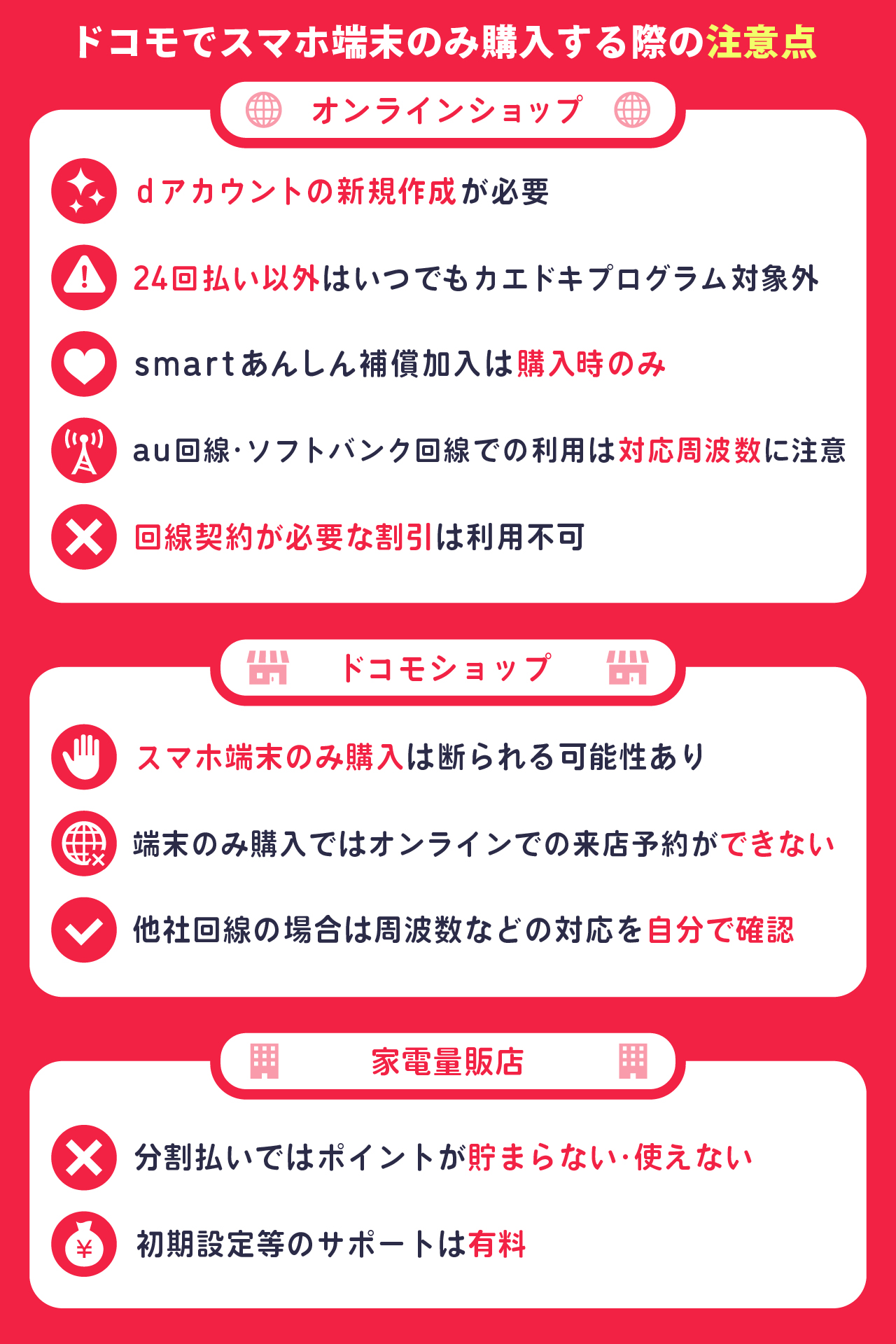 ドコモでスマホ端末のみ購入する際の注意点