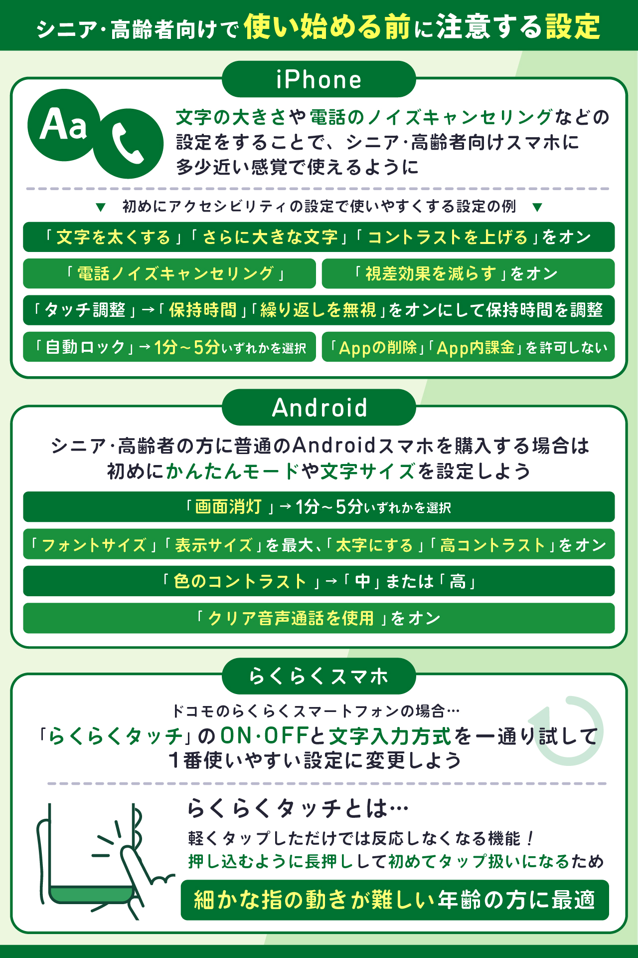 シニア・高齢者向けで使い始める前に注意する設定