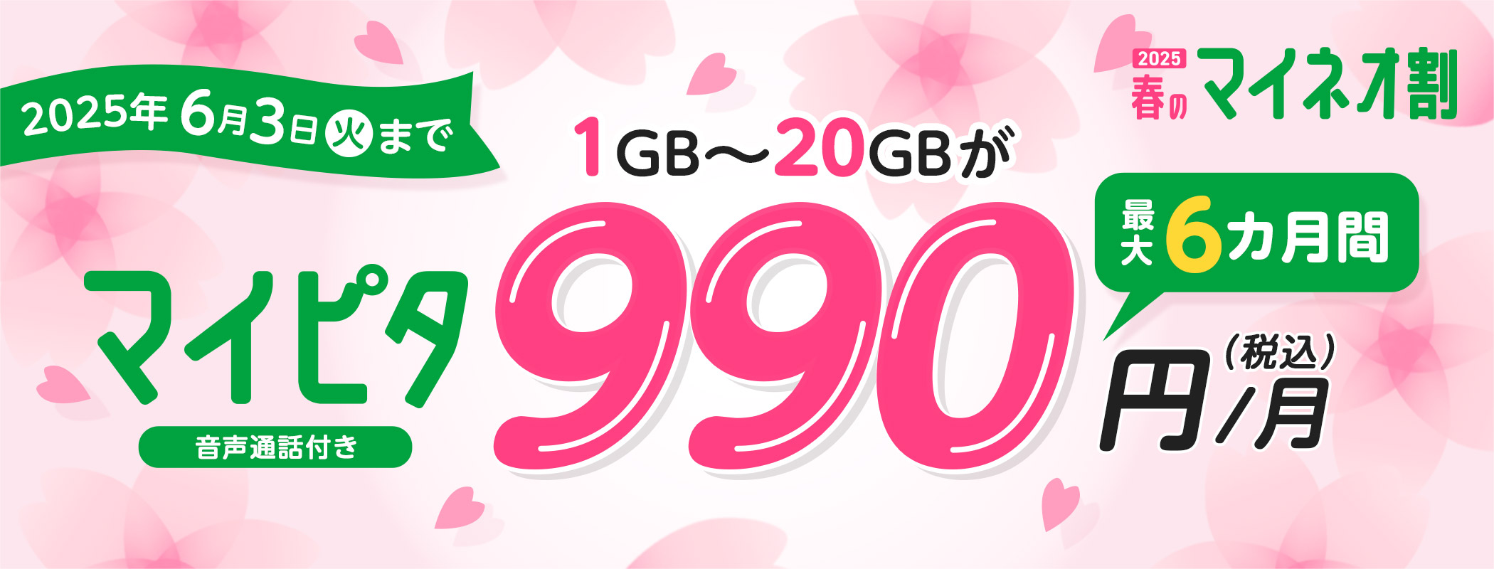 mineo｜マイピタ1～20GB 最大6カ月間990円キャンペーン