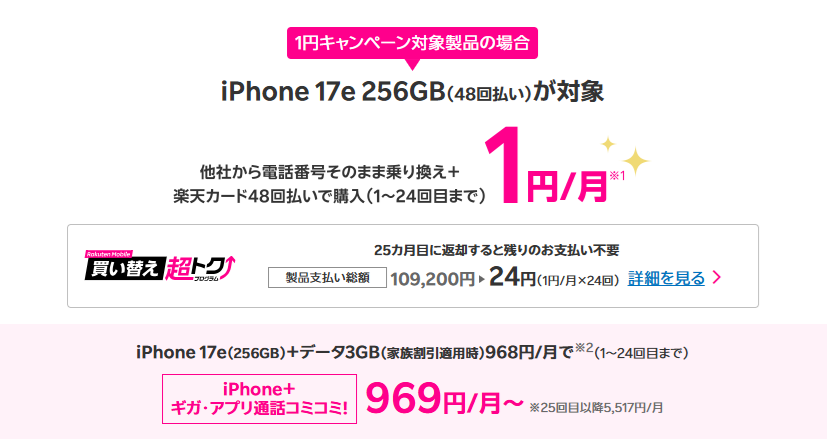楽天モバイルのiPhone17e「買い替え超トクプログラム」詳細