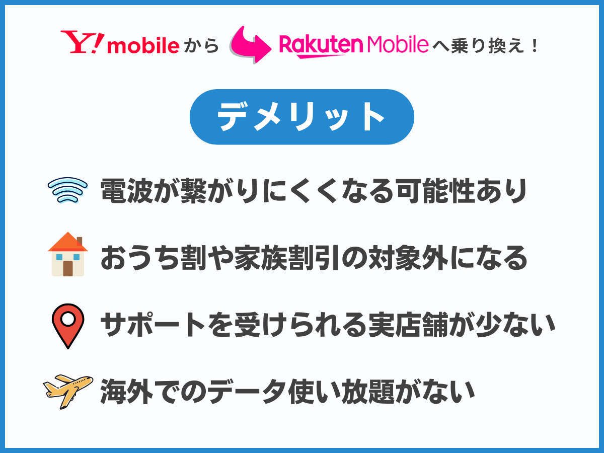 ワイモバイルから楽天モバイルへ乗り換えるデメリット