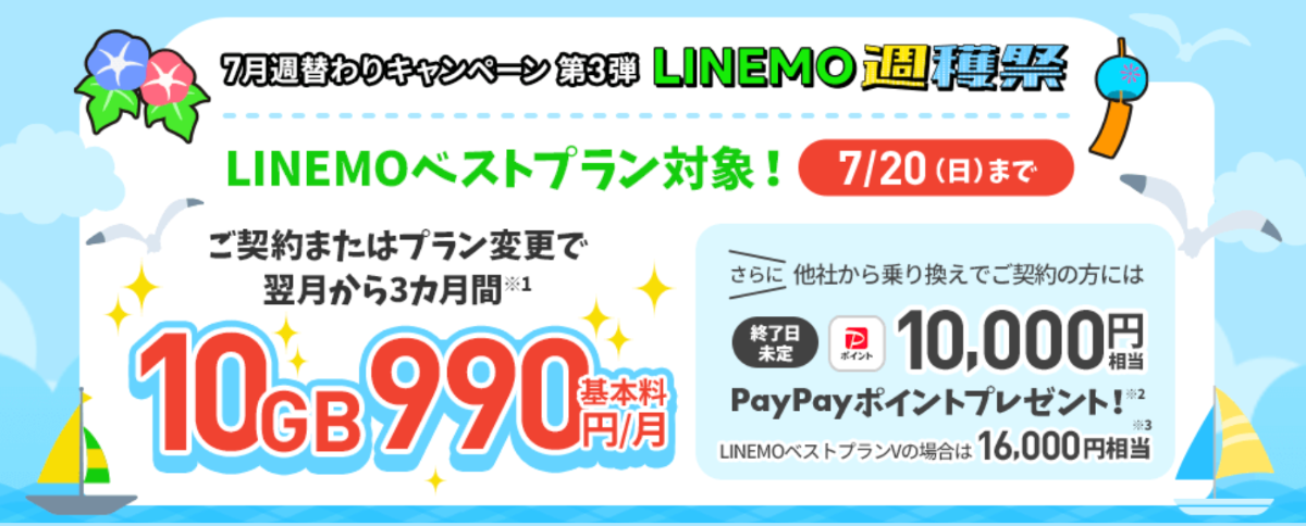 LINEMOベストプラン 3カ月間10GB990円で使えるキャンペーン