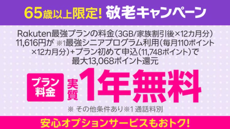 楽天モバイル「65歳以上の方がお申し込みで最大11,748ポイント進呈」小サイズ