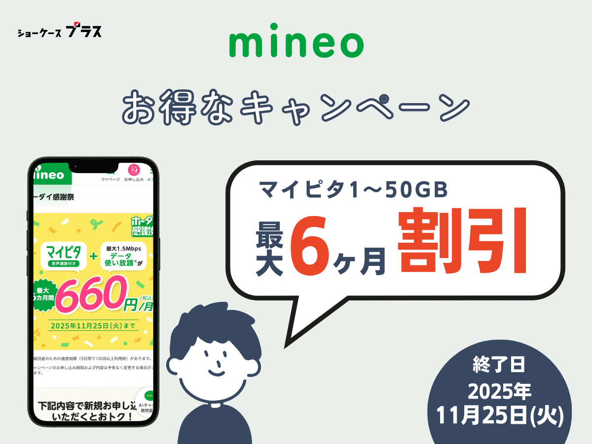 mineoの「マイピタ1~50GB 最大6カ月間638円割引キャンペーン」