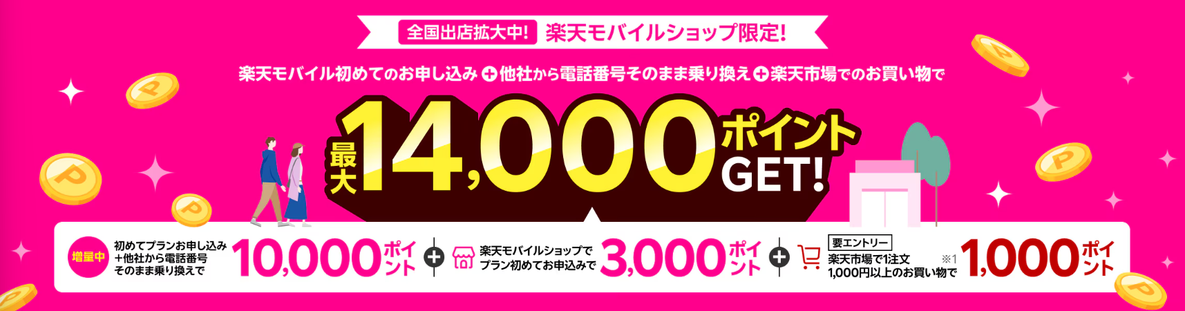 【楽天モバイルショップ限定】楽天モバイル初めてお申し込み+他社から電話番号そのまま乗り換え+楽天市場でお買い物で最大14,000ポイント!