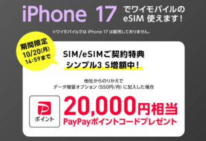 ワイモバイルSIMのみで20,000円相当のPayPayポイント還元