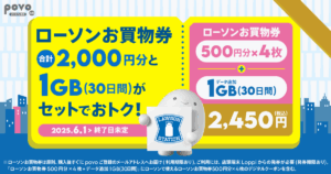 povo「ローソン お買物券500円分×4枚+データ追加1GB(30日間)」