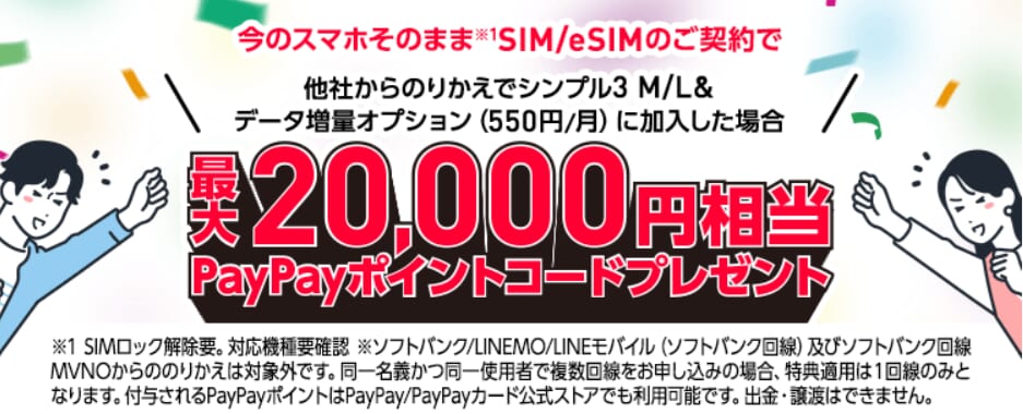 ワイモバイルSIMのみで20,000円相当のPayPayポイント還元（「2回線」表記なし）
