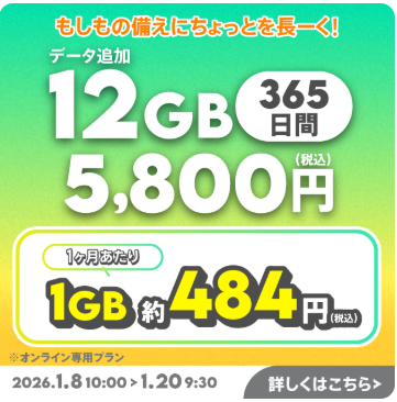 povo データ追加12GB(365日間)