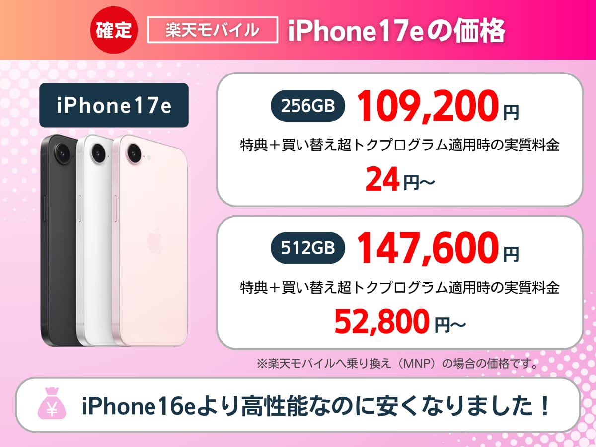 楽天モバイルのiPhone17eの価格・実質負担額を解説
