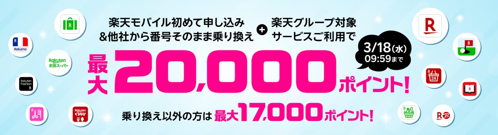 楽天モバイル初めて申し込み＆対象サービスご利用で最大20,000ポイント進呈
