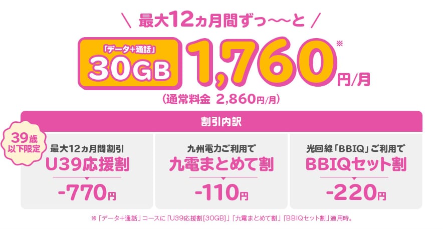 QTモバイル「【39歳以下限定】U39応援割[30GB] 」