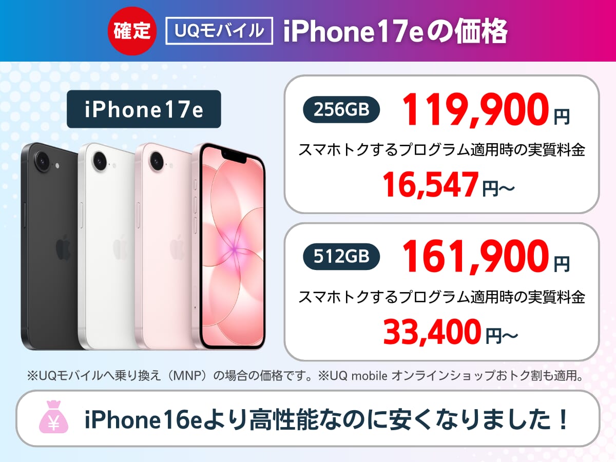 UQモバイルのiPhone17eの価格・実質負担額を解説