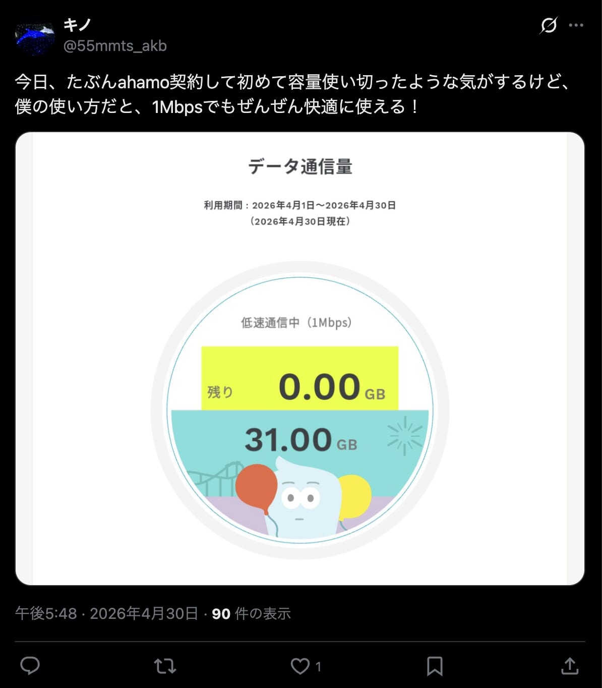 ahamoで速度制限時1Mbpsに関する良い口コミ