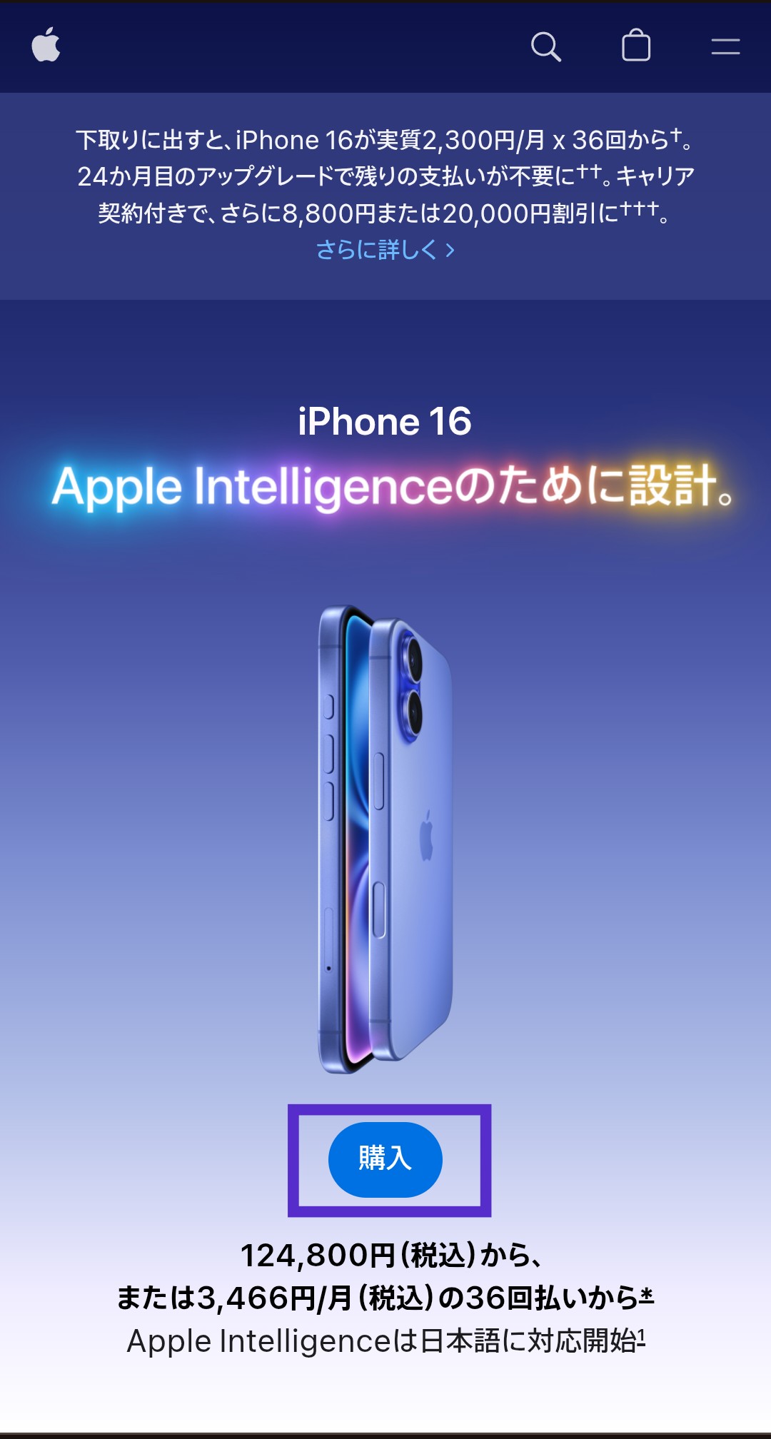 選択したiPhone詳細ページで購入ボタンをタップする画面