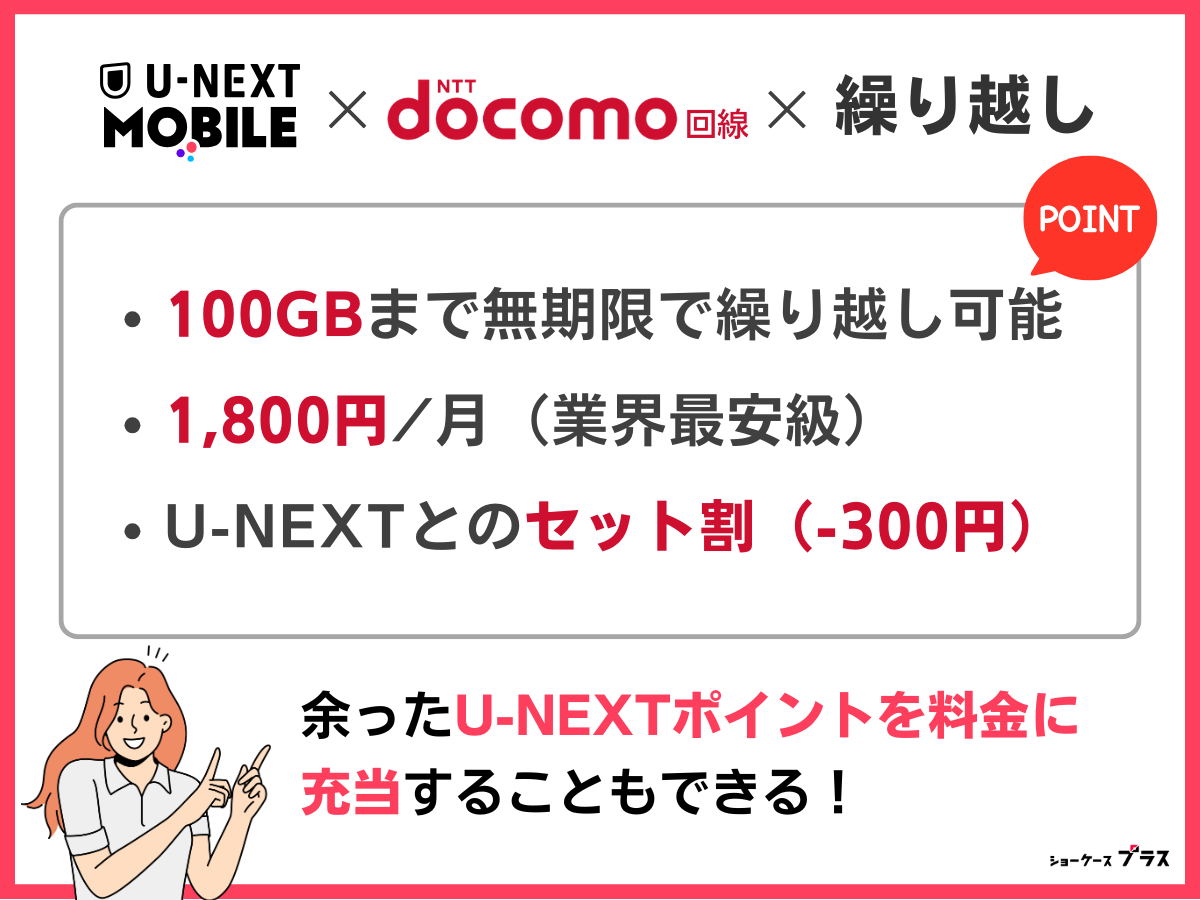 余ったデータ容量の繰り越しができるドコモ回線の格安SIMでおすすめはU-NEXT MOBILE