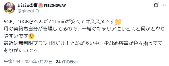 IIJmio　良い口コミ 低容量プラン