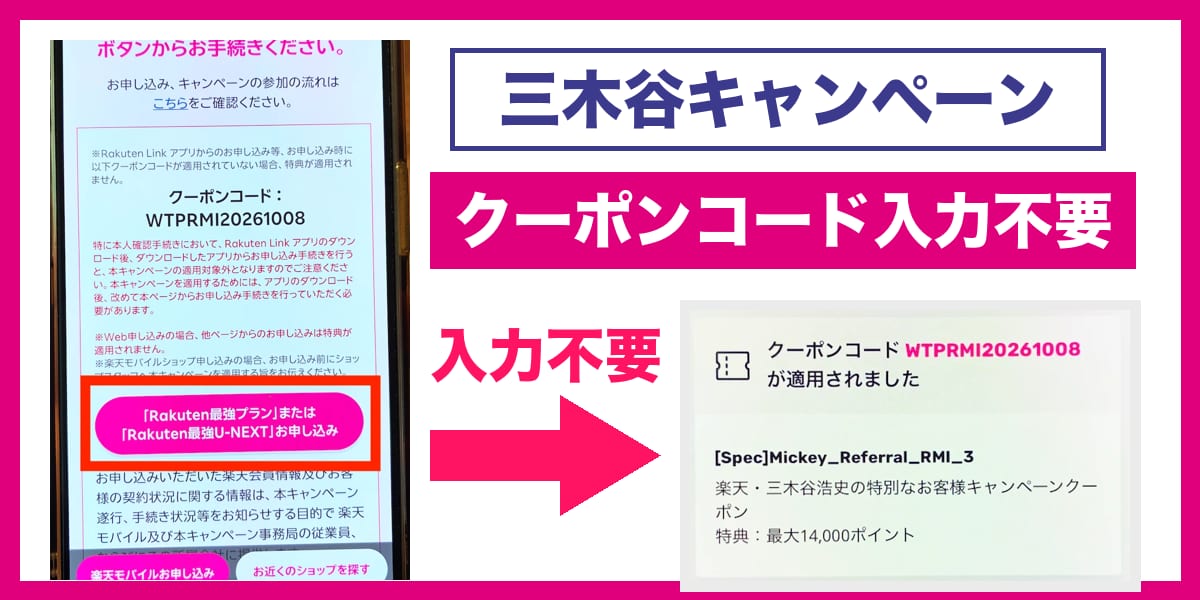 三木谷キャンペーンのクーポンコードが適用された申し込み画面の実例