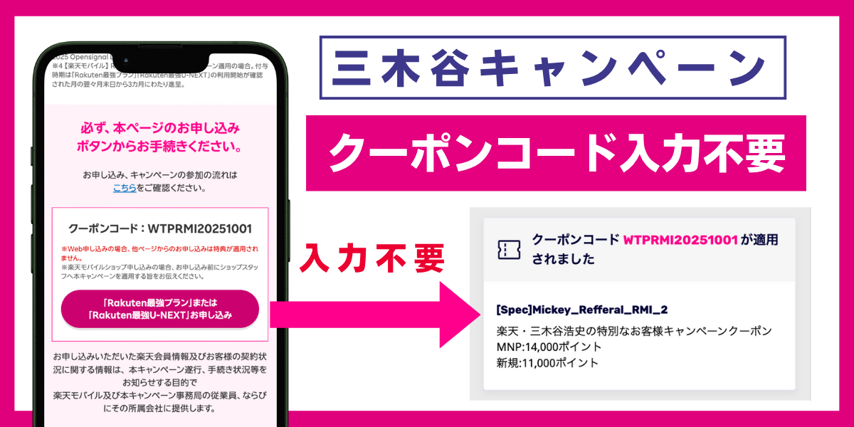 楽天モバイルの三木谷キャンペーンはクーポンコードの入力不要