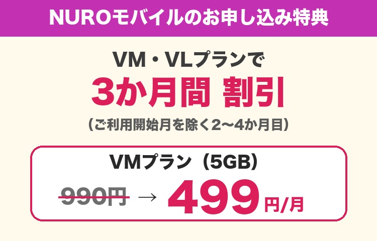 NUROモバイルお申し込み特典 VM・VLプランで3か月間491円割引