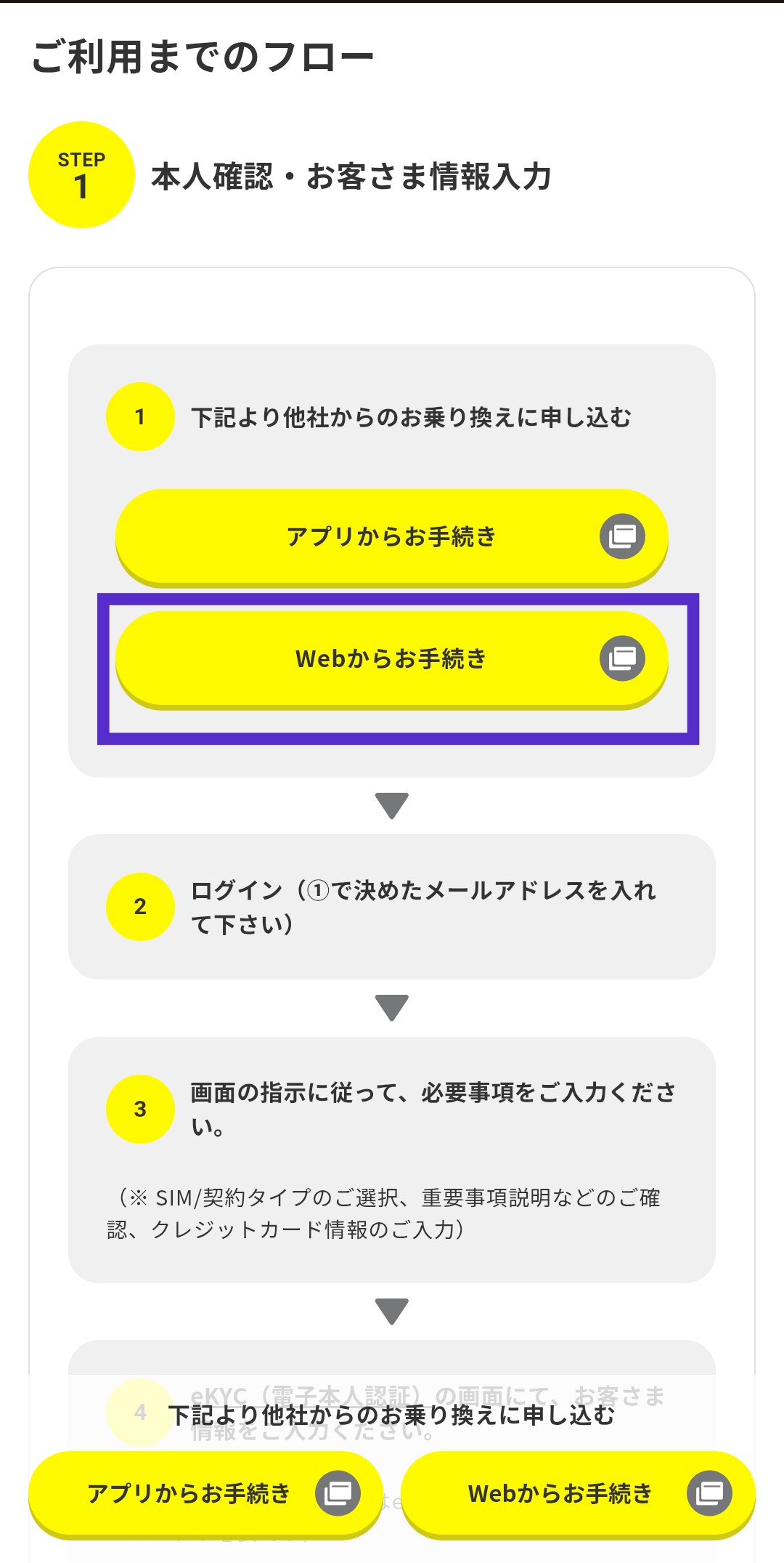 Webからお手続きボタンの選択画面