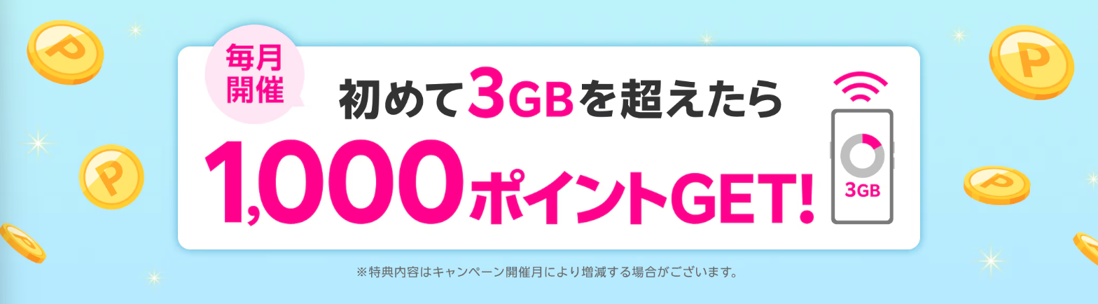 楽天モバイル 初めての3GB超過利用で1,000ポイント