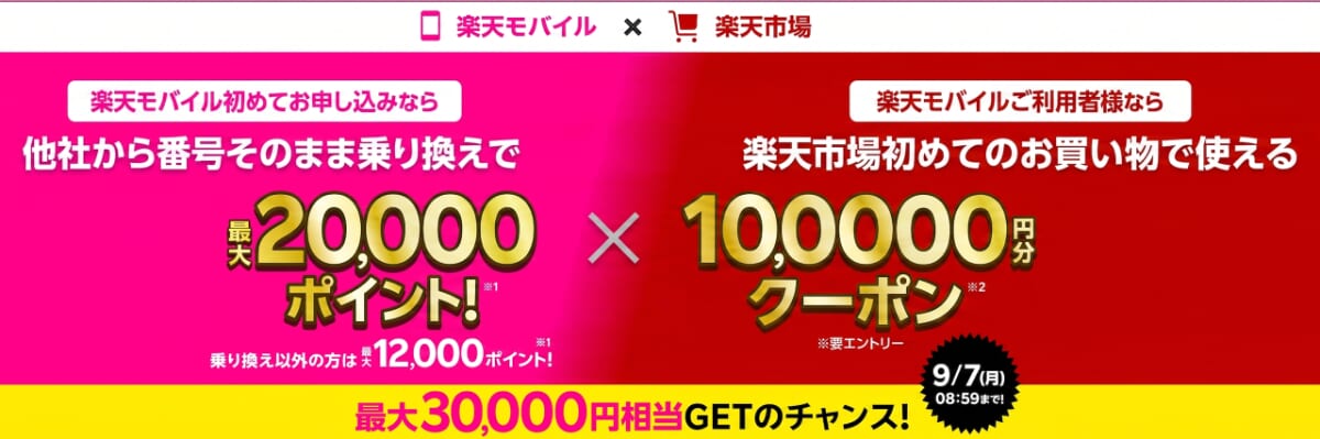 楽天モバイル×楽天市場キャンペーンで最大30,000円相当の詳細