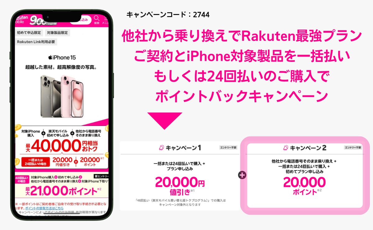 他社から乗り換えでRakuten最強プランご契約とiPhone対象製品を一括払いもしくは24回払いのご購入でポイントバックキャンペーンを解説