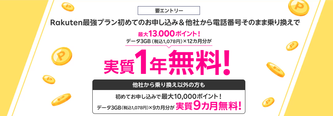 楽天モバイル「楽天銀行会員が初めて申し込みで3,000ポイント進呈」