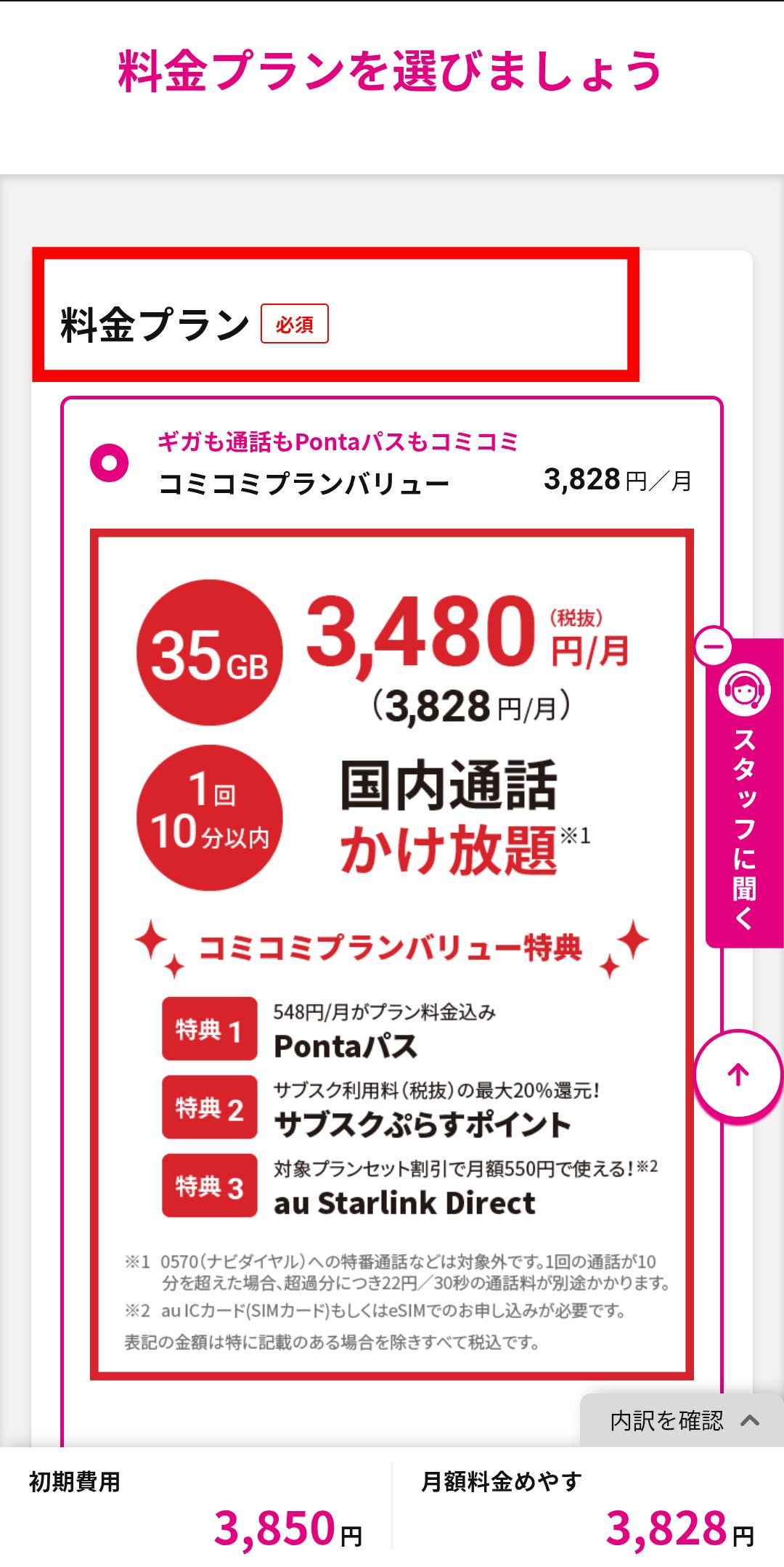 料金プランとオプションの選択画面