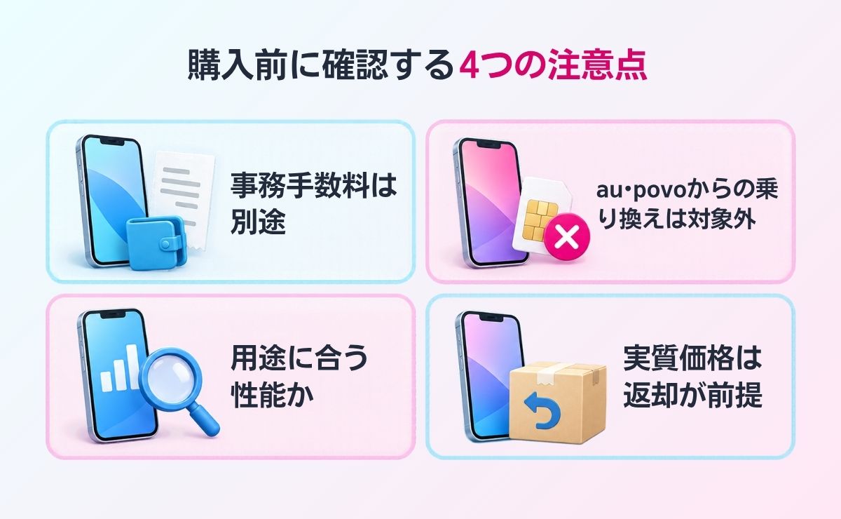 UQモバイルでスマホを1円で購入する注意点4つ