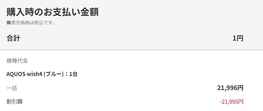 ワイモバイルで一括1円の割引適用例