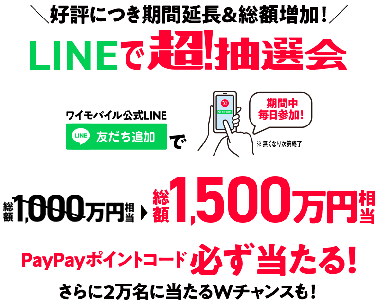 ワイモバイル公式LINE友だち追加でPayPayポイントコードが総額1500万円相当当たる抽選会