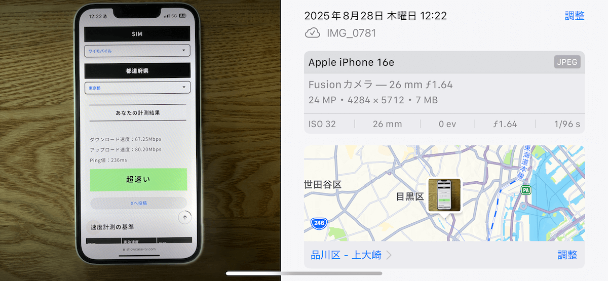 ワイモバイル 東京都品川区12時台の計測結果